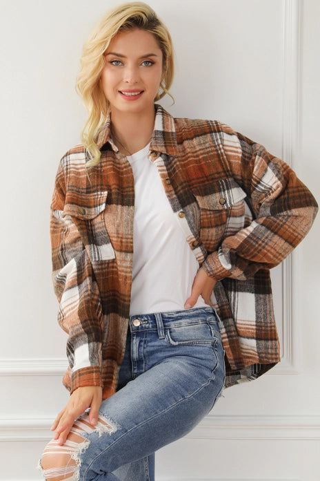 Casual Plaid Flap Pockets Shacket, Brown