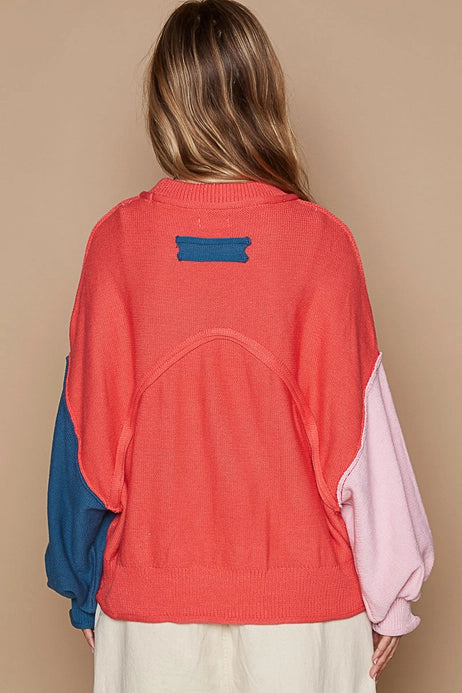 Color Block Mock Neck Pullover Sweater