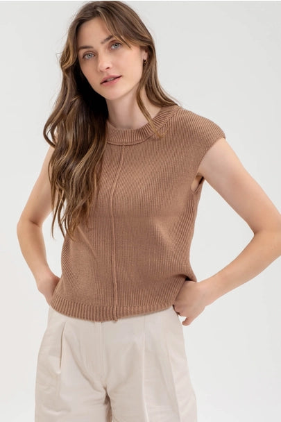 Sleeveless Crewneck Sweater Top, Khaki