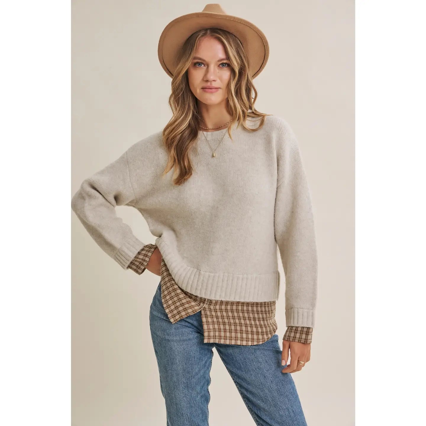Country Road Layered Plaid Hem Sweater