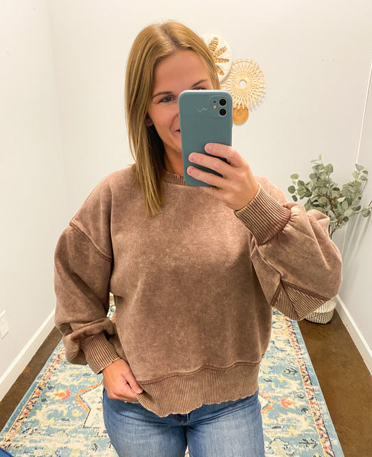 Acid Wash Oversized Fleece Pullover, Brown