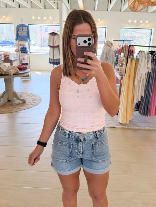 Vervet High Rise Tabbed Waistband Cuffed Denim Shorts