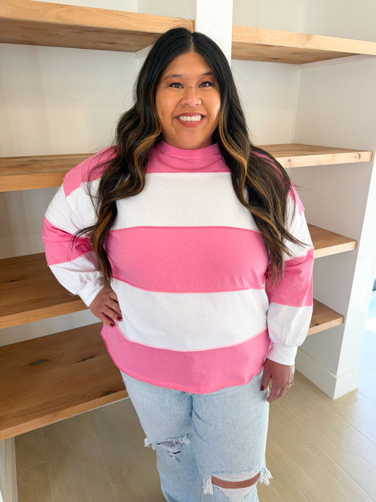 Contrast Panel Long Sleeve Slouchy Top, Pink