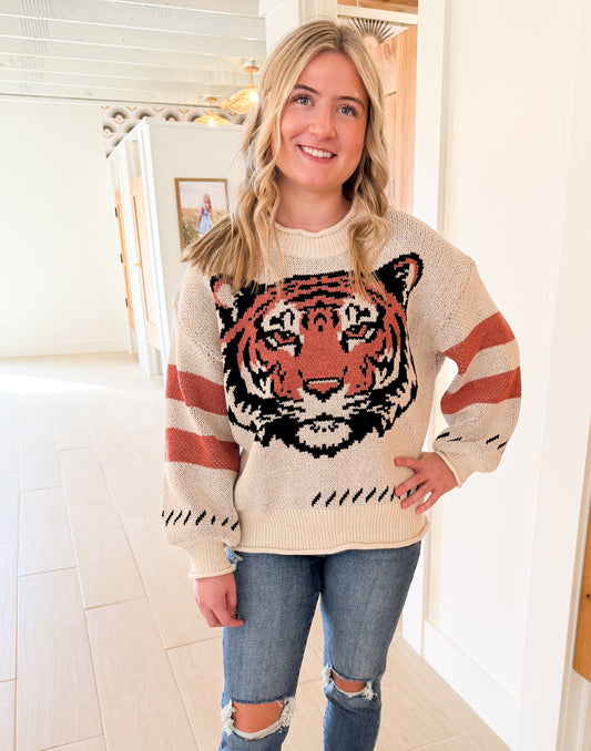 Tiger Embroidery Round Neck Sweater