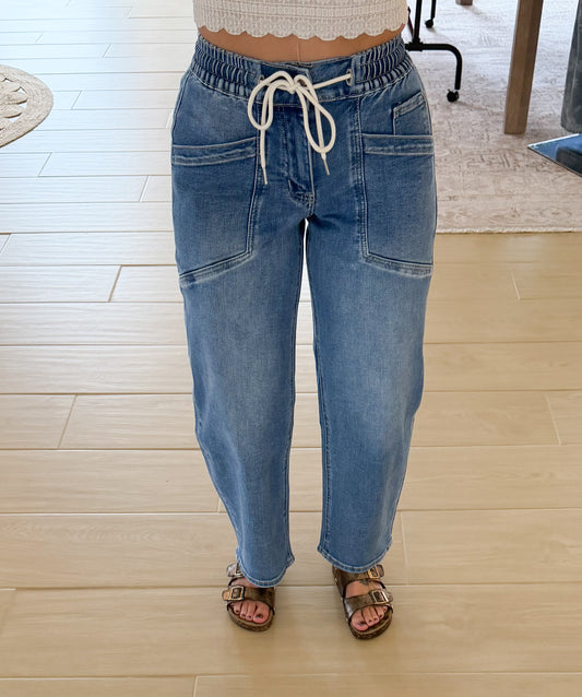 Vervet High Rise Elastic Waist Wide Barrel Jeans