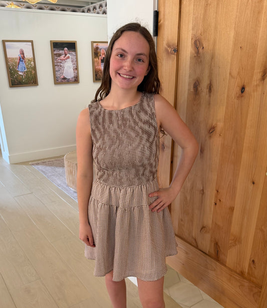 Gingham Sleeveless Smocked Mini Dress, Brown