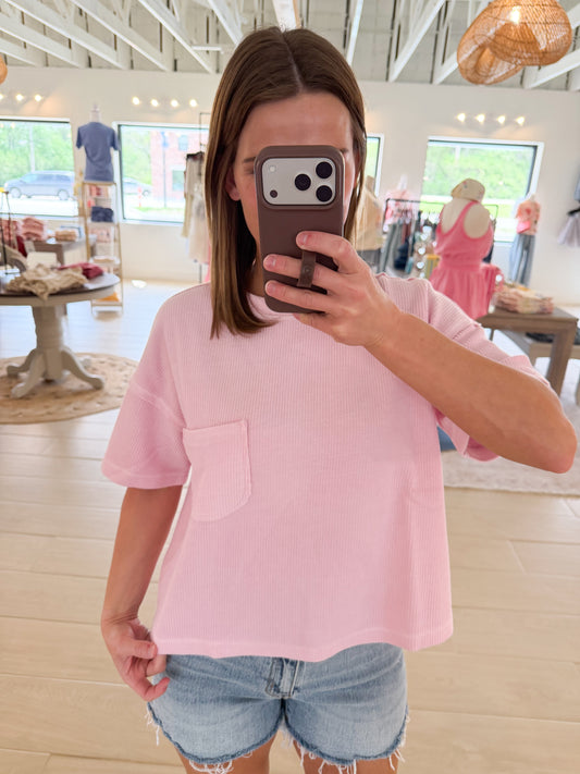 Ribbed Pocket Short Sleeve, Light Pink