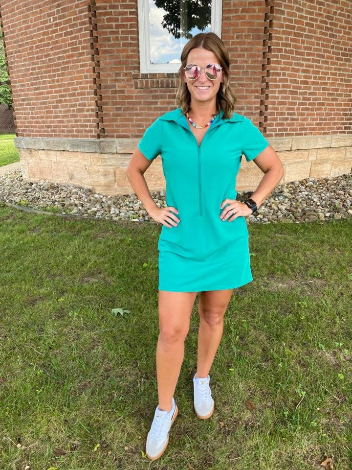 Active Front Zip Mini Dress, Teal