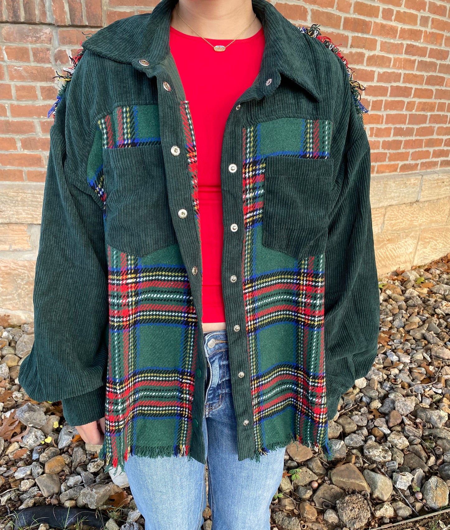 Frayed Corduroy Plaid Jacket, Green