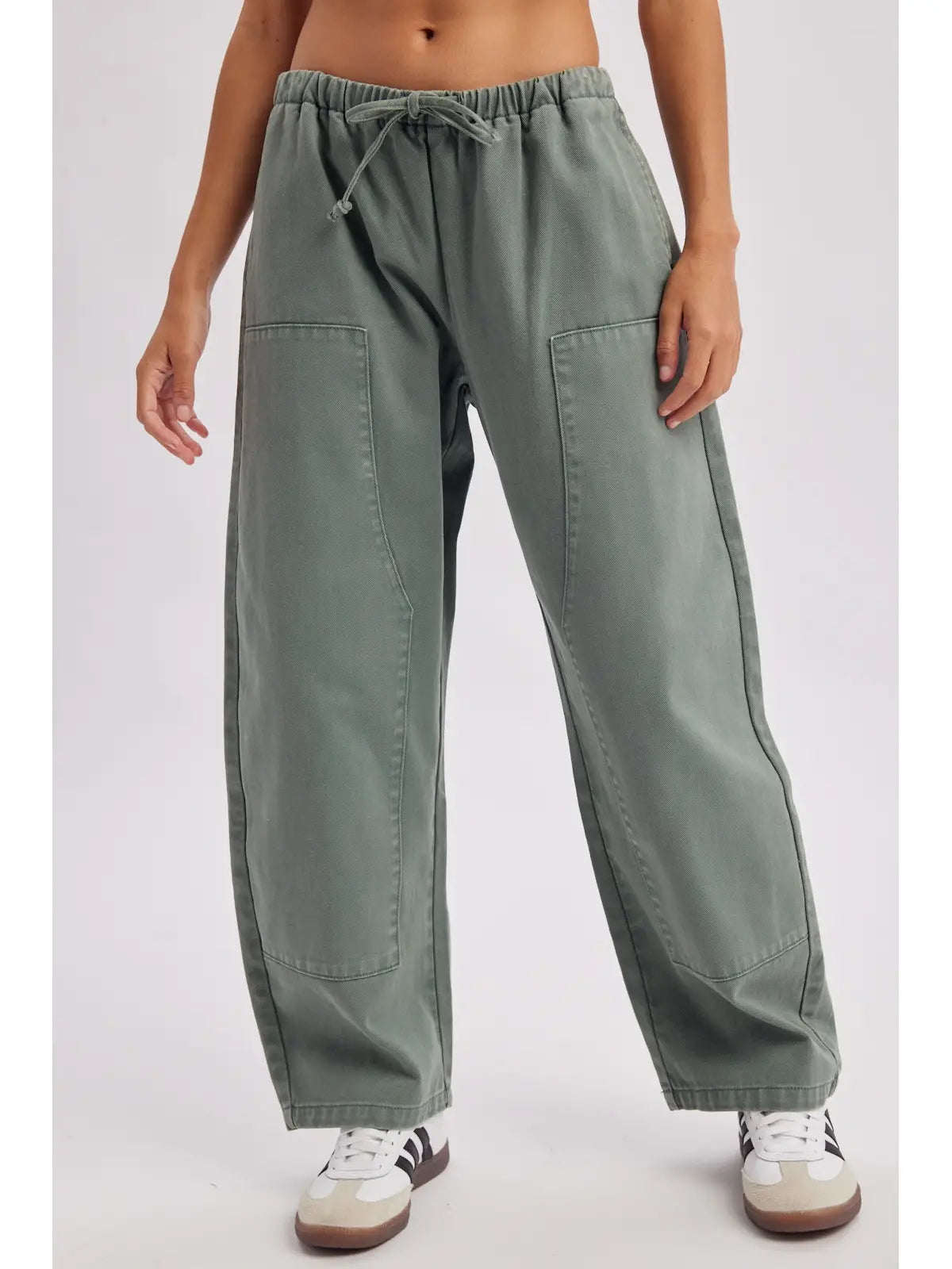Drawstring Barrel Denim Pants, Olive