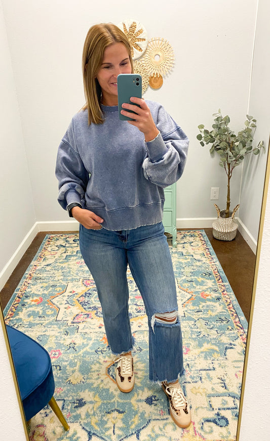 Acid Wash Oversized Fleece Pullover, Dusty Blue