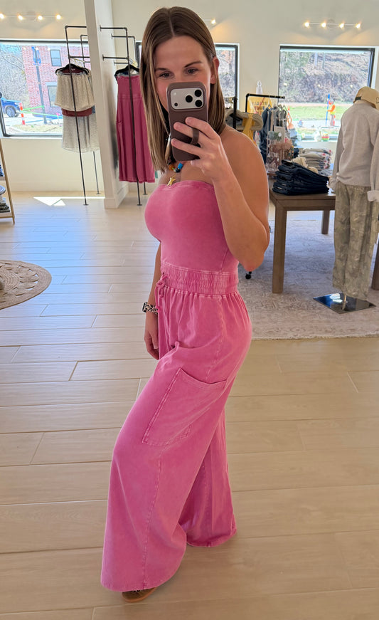Mineral Wash Strapless Wide-Leg Jumpsuit, Fuschia