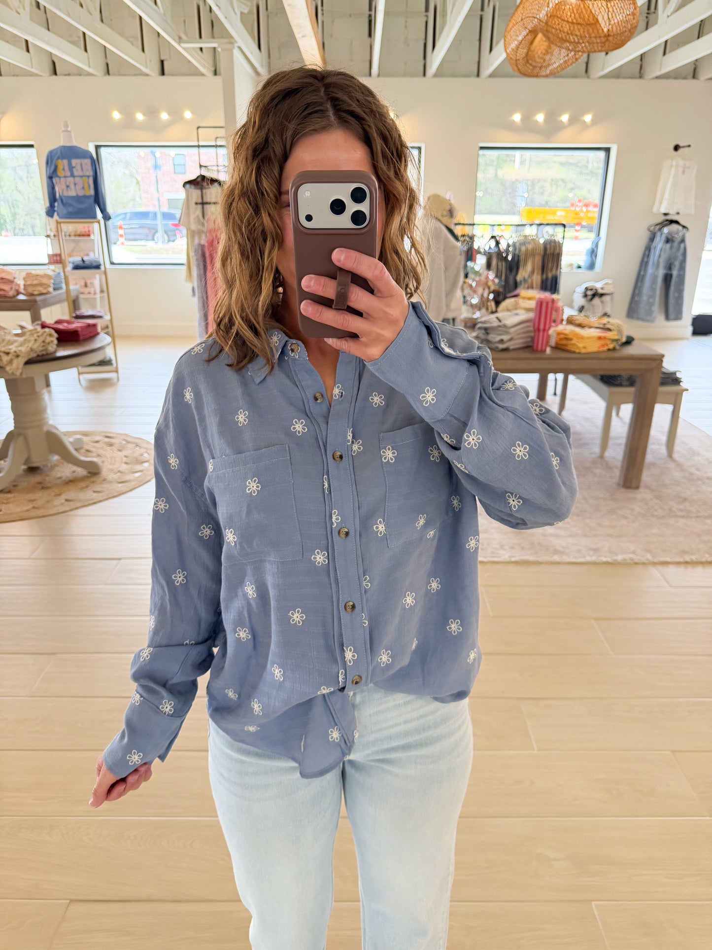 Floral Embroidered Button Down