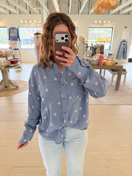 Floral Embroidered Button Down