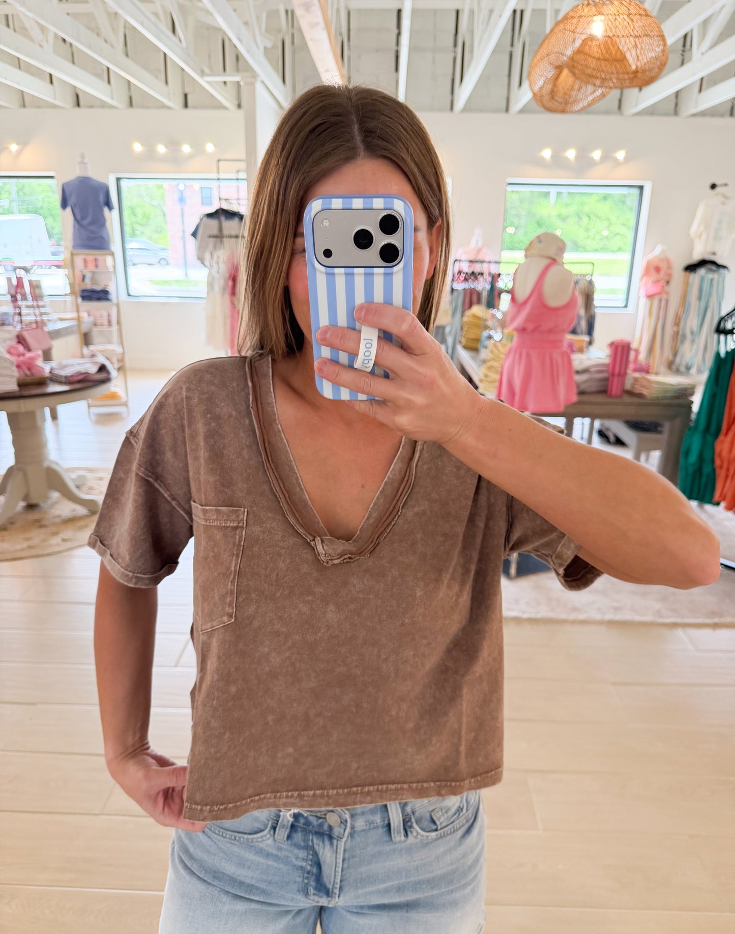 Washed V Neck Boxy Knit Top, Cocoa
