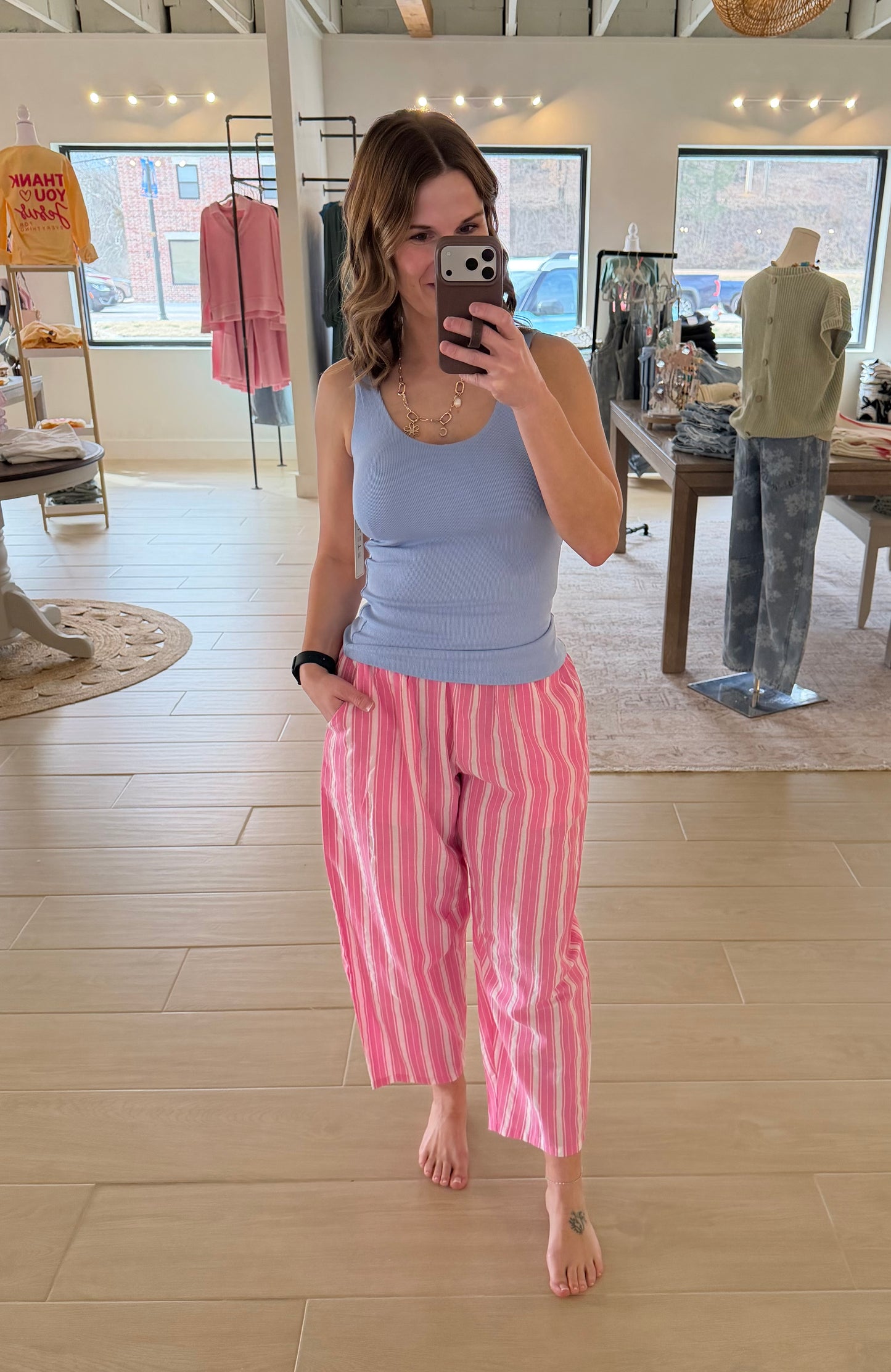 Striped Relaxed Pants, Peony Pink