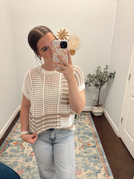 Multi Stripe Short Sleeve Sheer Crochet Knit Top