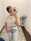 Multi Stripe Short Sleeve Sheer Crochet Knit Top