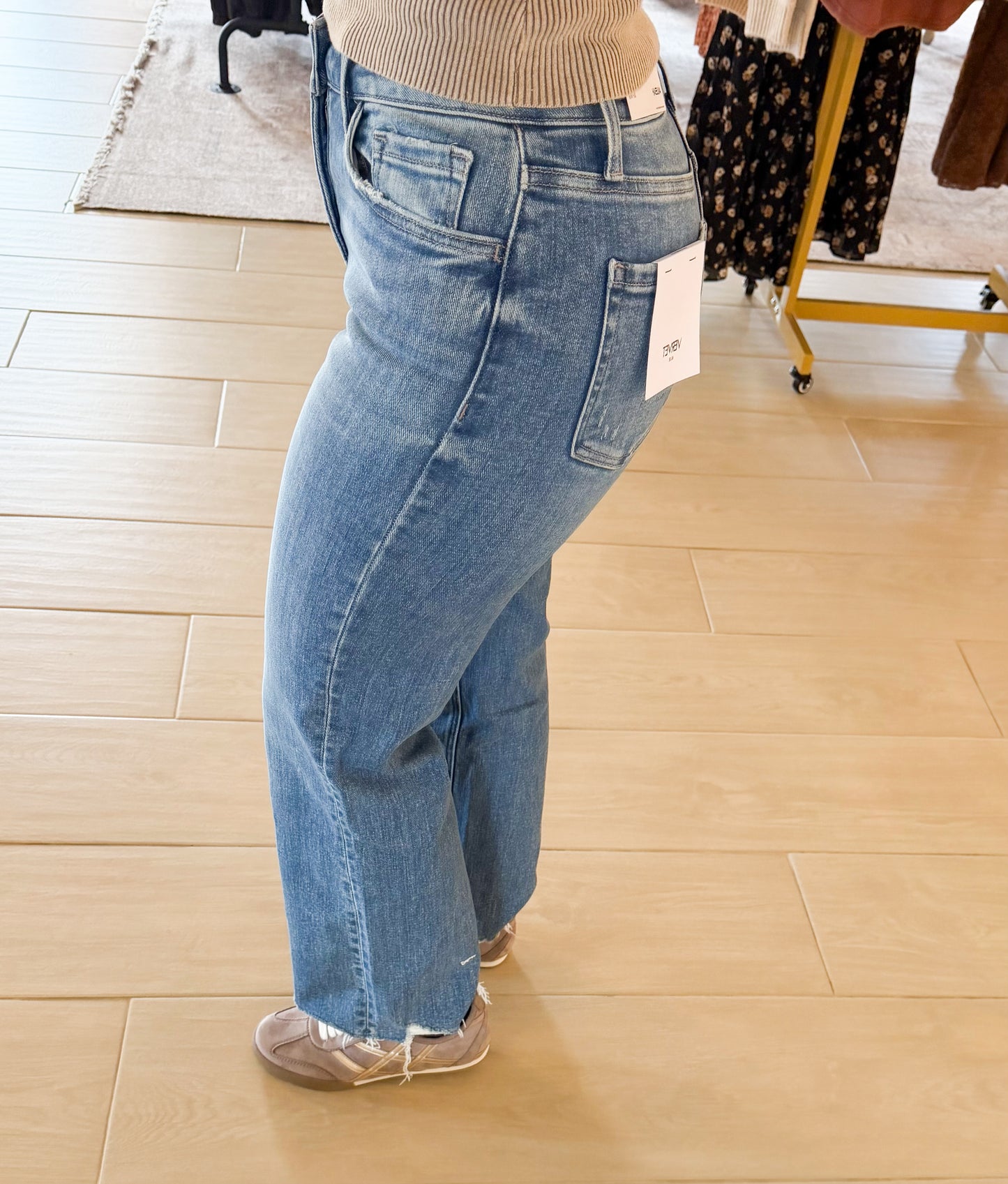 Vervet High Rise Distressed Hem Slim Wide Ankle Jeans