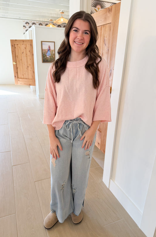 Crewneck Oversized Sweater, Soft Pink