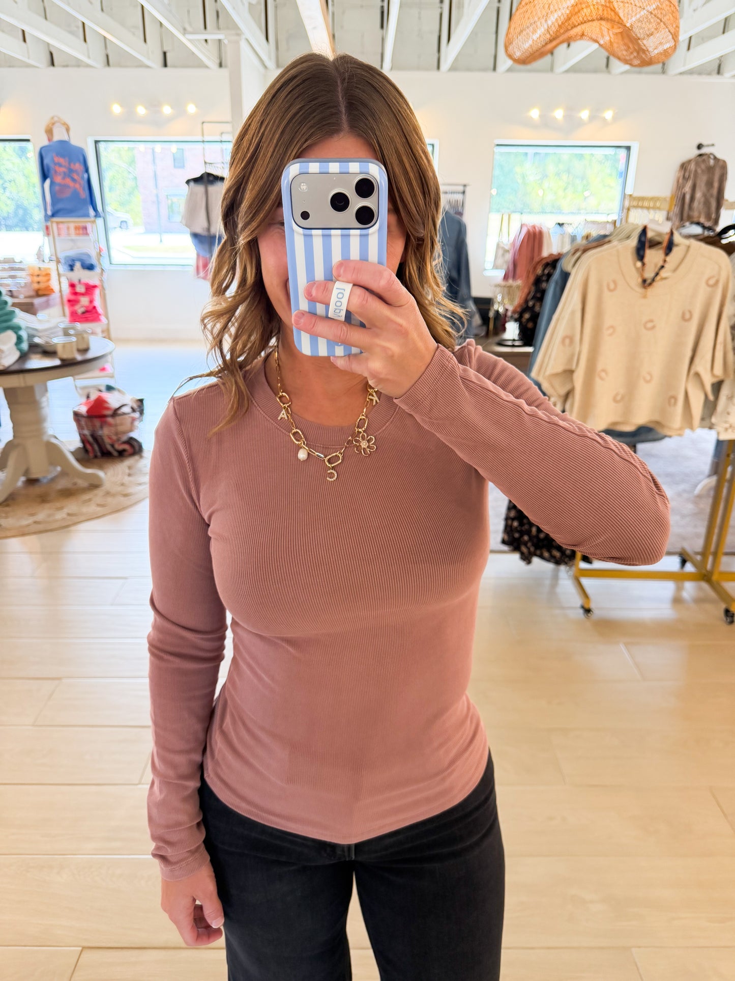 Ribbed Long Sleeve Basic Top, Terracotta
