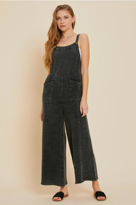 Effortless Mineral-Washed Gauze Overall, Black