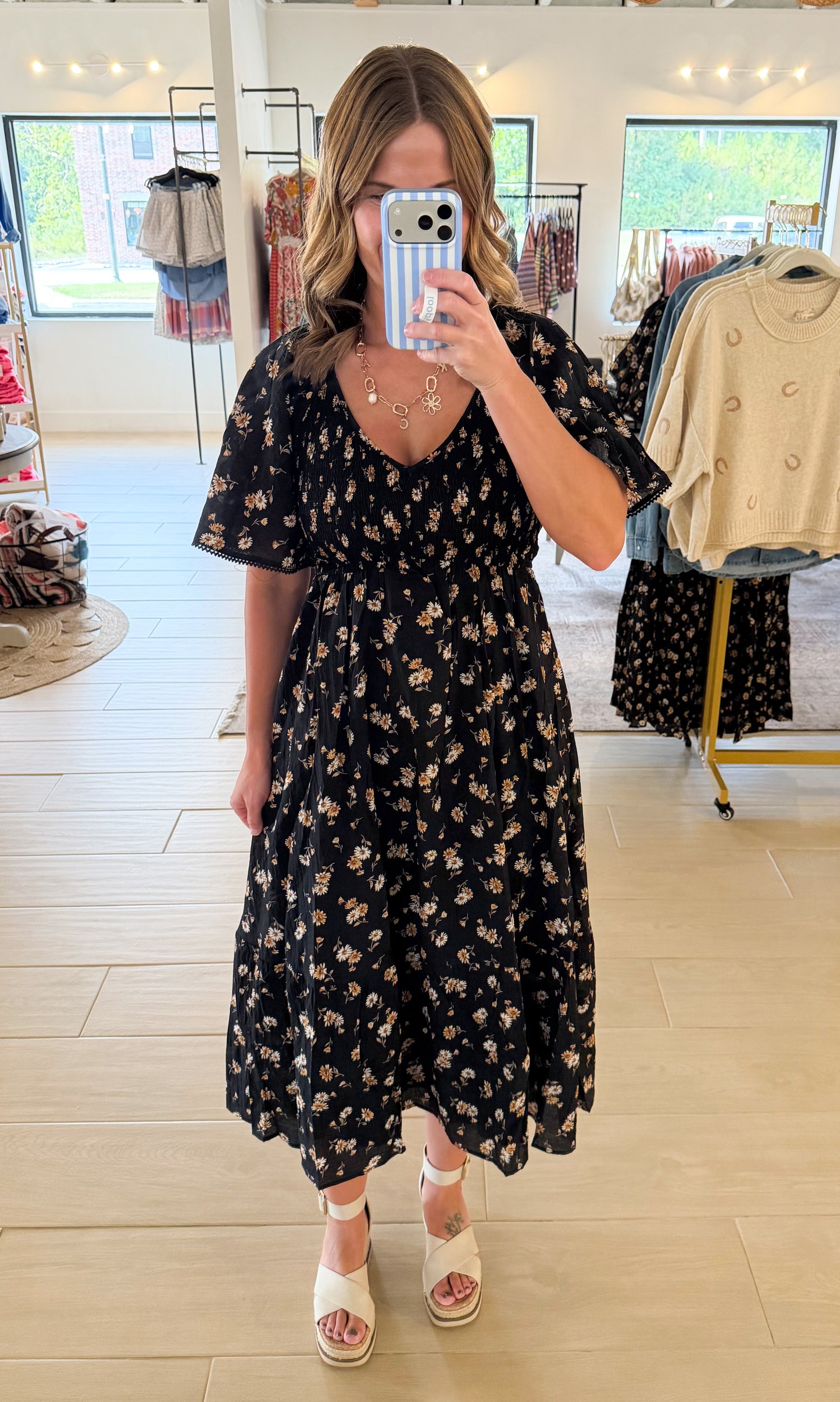 Smocked Flutter Sleeve Daisy Print Midi Dress