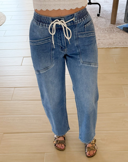 Vervet High Rise Elastic Waist Wide Barrel Jeans