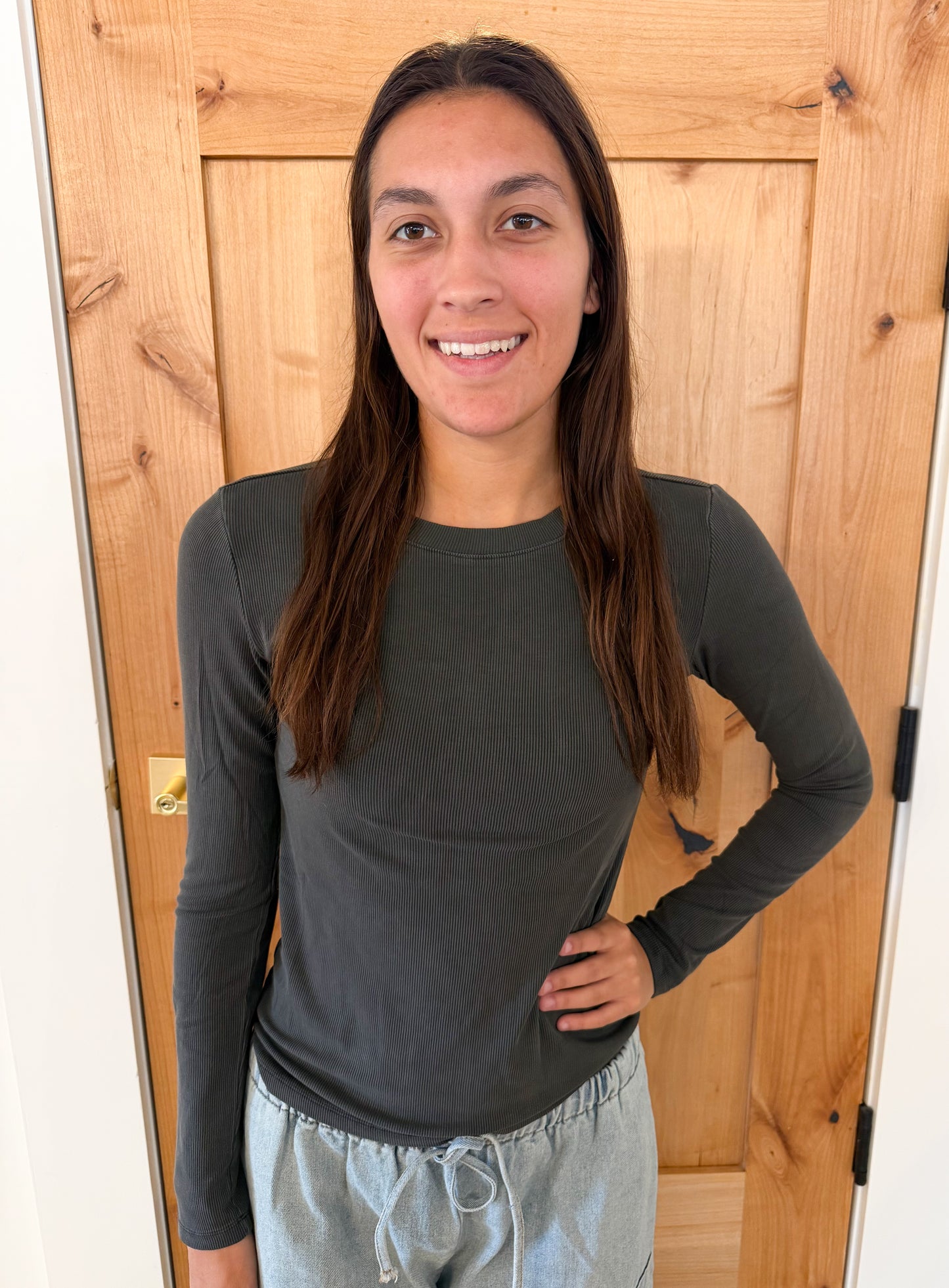 Ribbed Long Sleeve Basic Top, Charcoal