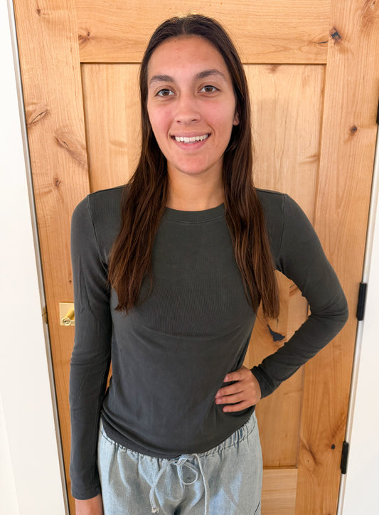 Ribbed Long Sleeve Basic Top, Charcoal