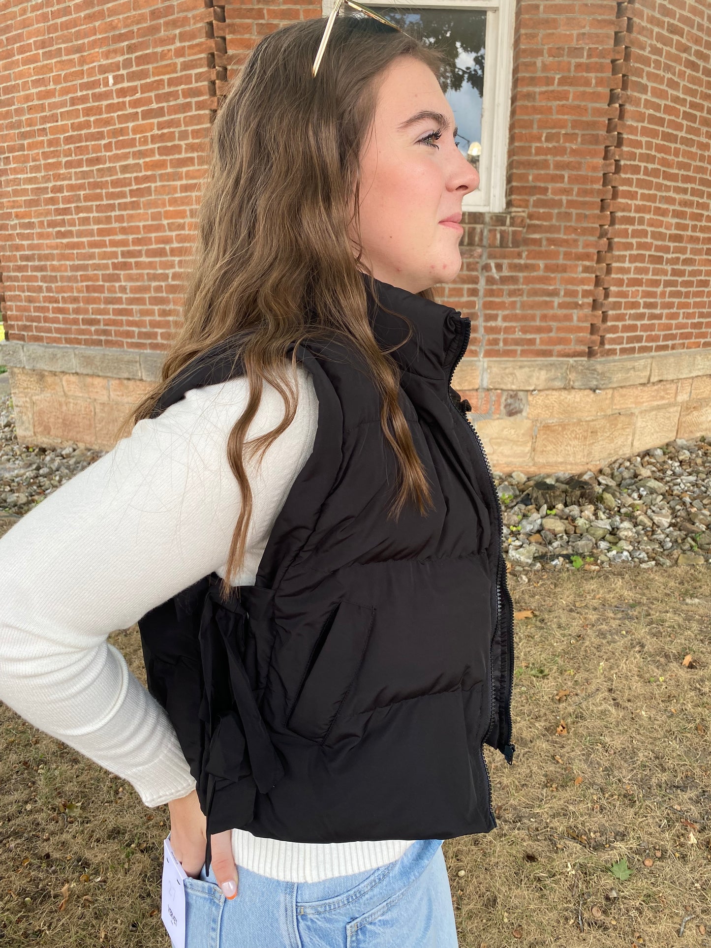 Side Bow Tie Front Zipper Crop Puffer Vest, Black