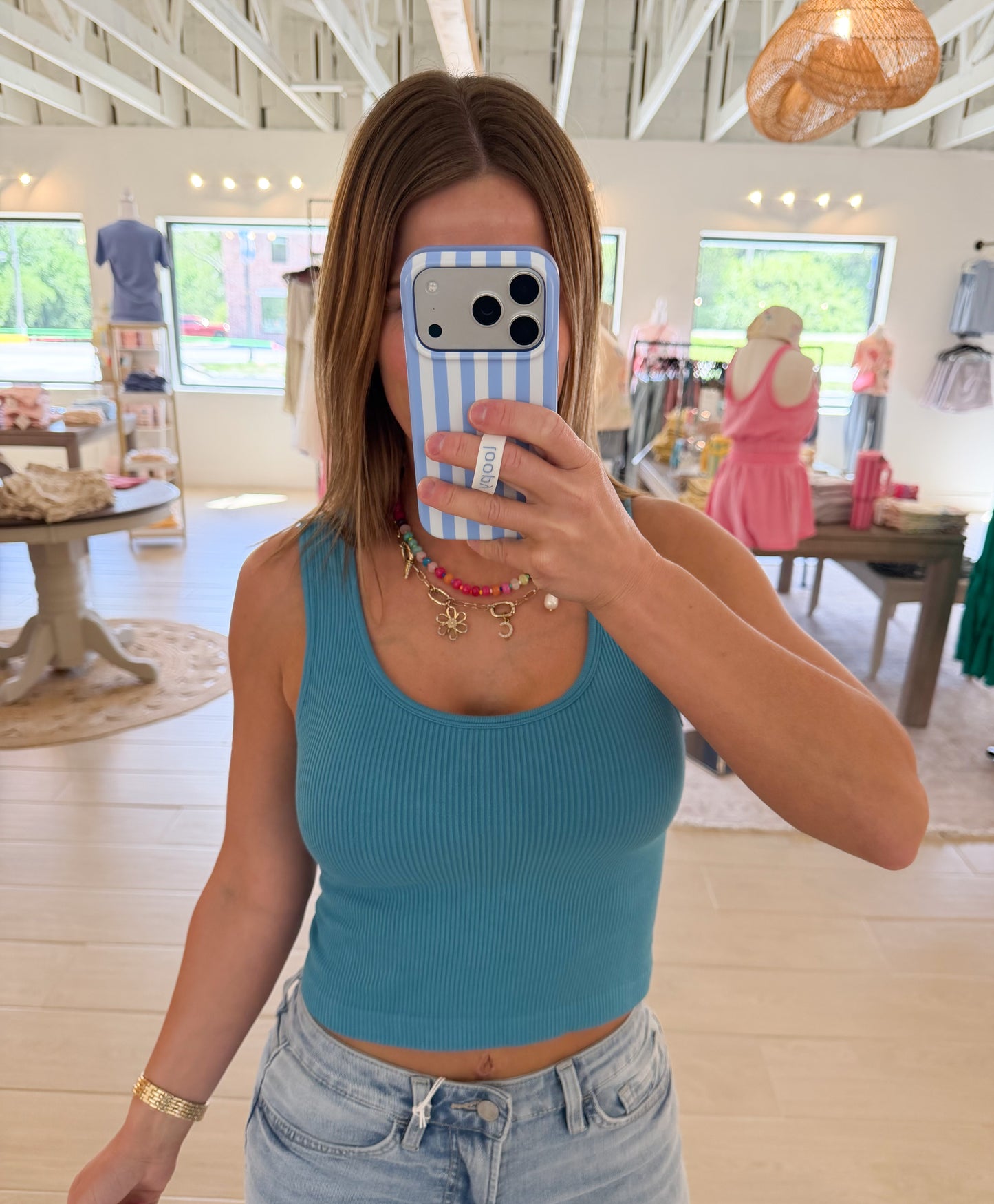 Seamless Scoop Ribbed Tank, Blue Oasis