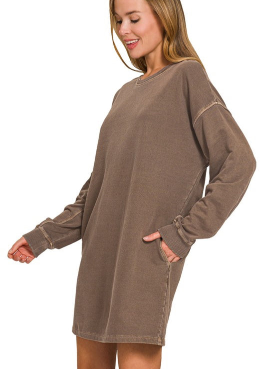 Washed Tunic Dress, Brown