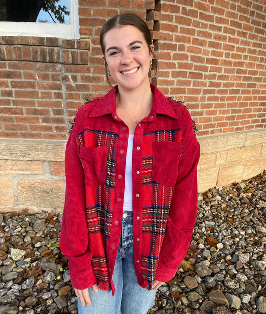 Frayed Corduroy Plaid Jacket, Red
