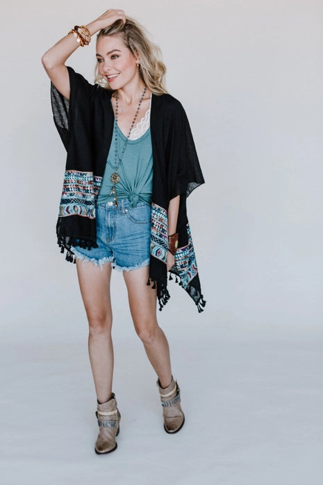 Fallon Embroidered Sleeve Kimono, Black