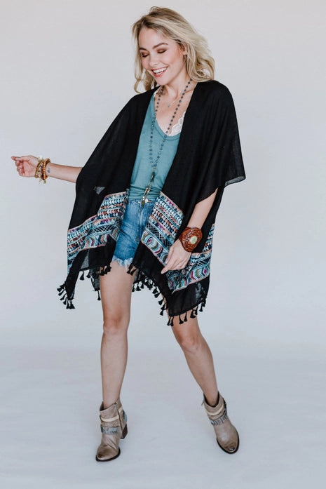 Fallon Embroidered Sleeve Kimono, Black