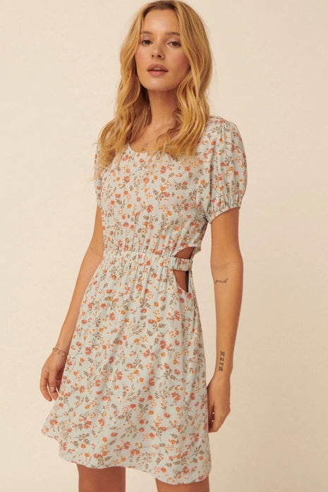 Floral Round Neck Button Keyhole Back Mini Dress