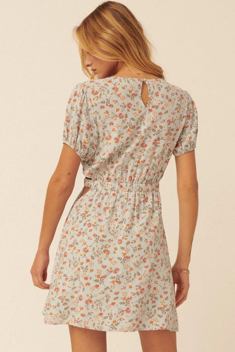 Floral Round Neck Button Keyhole Back Mini Dress