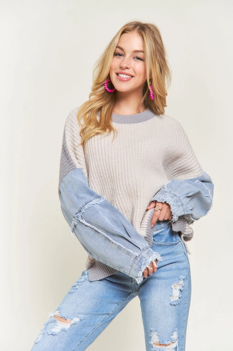 Frayed Denim Sleeve Sweater Top