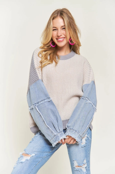 Frayed Denim Sleeve Sweater Top