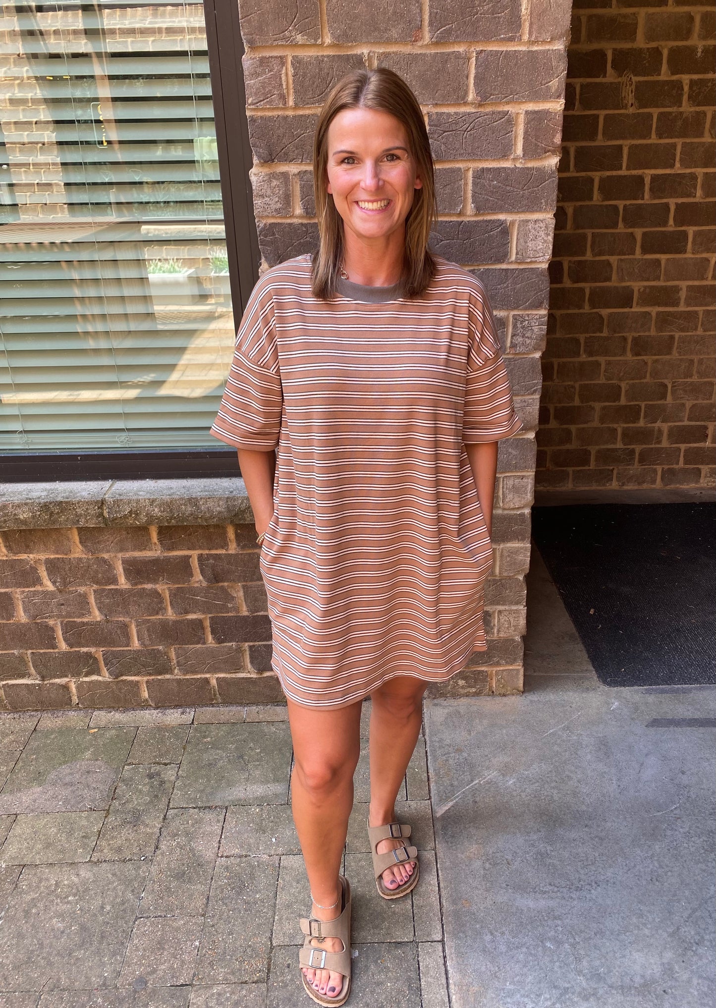 Stripe Knit Tshirt Dress, Brown