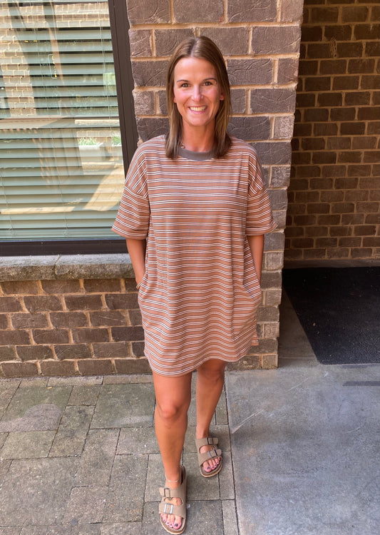 Stripe Knit Tshirt Dress, Brown