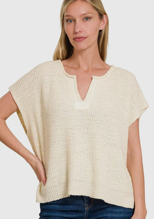 Short Sleeve Split Neck Pullover