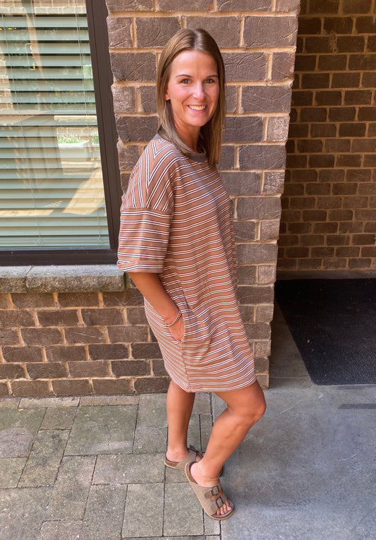 Stripe Knit Tshirt Dress, Brown