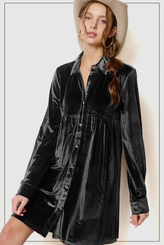 Velvet Button Down Dress, Black