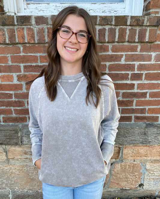 Snow Washed French Terry Round Neck Pullover, Ash Mocha