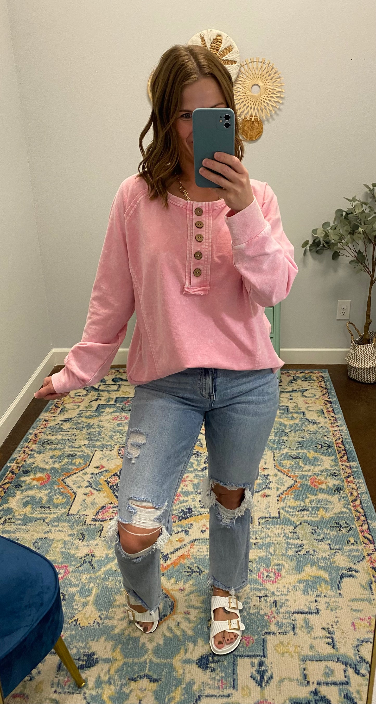 Washed Henley Long Sleeve Top, Pink