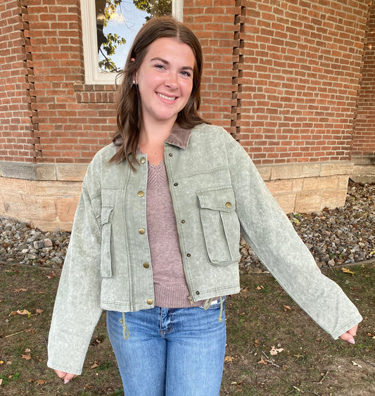Corduroy Collar Contrast Twill Crop Jacket, Olive