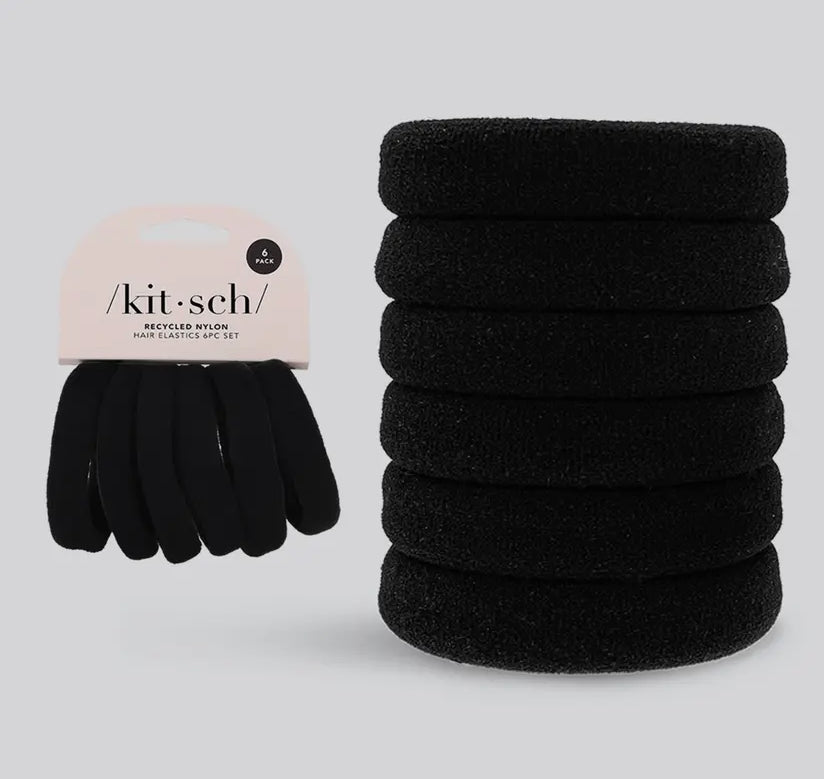 Kitsch Recycled Nylon Thick Hair Elastics- 6 piece, Black