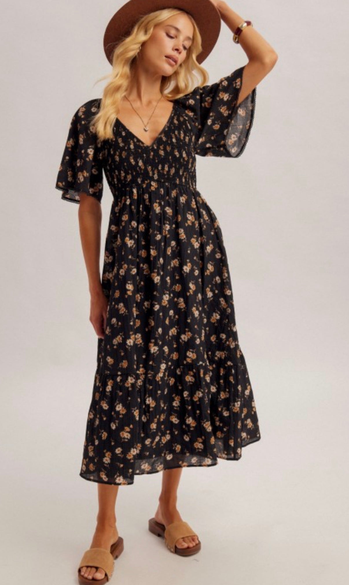 Smocked Flutter Sleeve Daisy Print Midi Dress